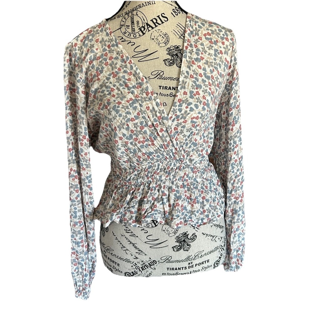 Women's Papaya Long sleeve Crop Top Smocked Waist Size M Ditsy Floral Blue Pink